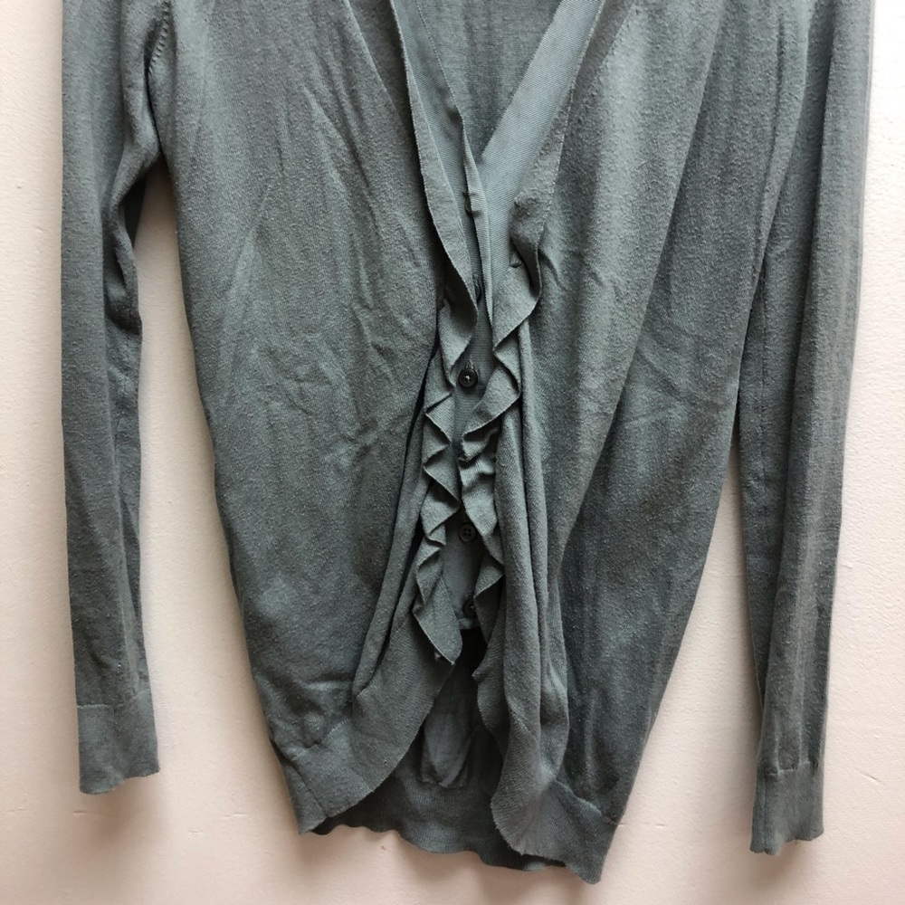 LOFT Green Ruffled Button-Front Cardigan - Picture 7 of 9